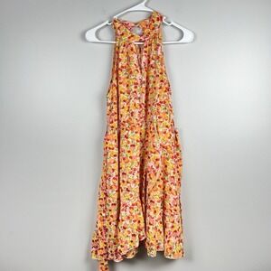 Floral Halter Neck Ruffle Hem Mini Dress Yellow Orange Red Botanical Print